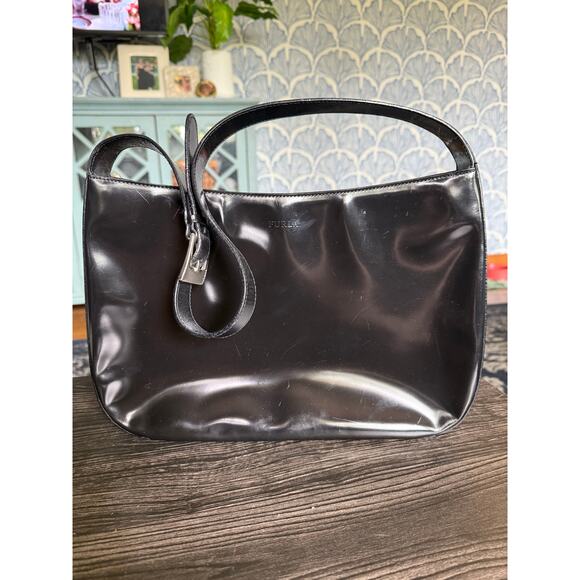 Vintage Furla Black Patent Leather Structured Shoulder Back